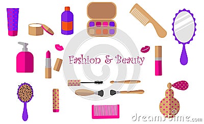 Lipstick, cream, jar, mascara, perfume, bottle, eye shadow, mirror, comb, lips, brush on a white background Vector Illustration